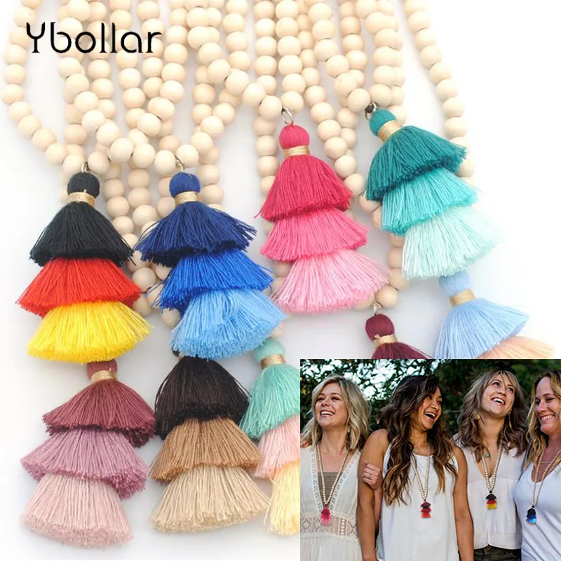 

NEW Silk Tassel Necklace Round Natural Wood Beads 90cm Long Necklace Women Girls Tiered Threaded Tassel Sweater Chain Jewelry