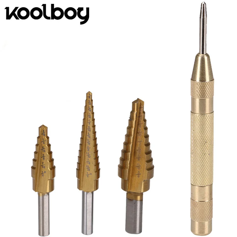 

4Pc HSS Step Core Drill Bits 1/8"- 1/2"&3/16"- 1/2"&1/4"- 3/4" Automatic Center Punch Step Cone Woodworking Metal Drilling Set