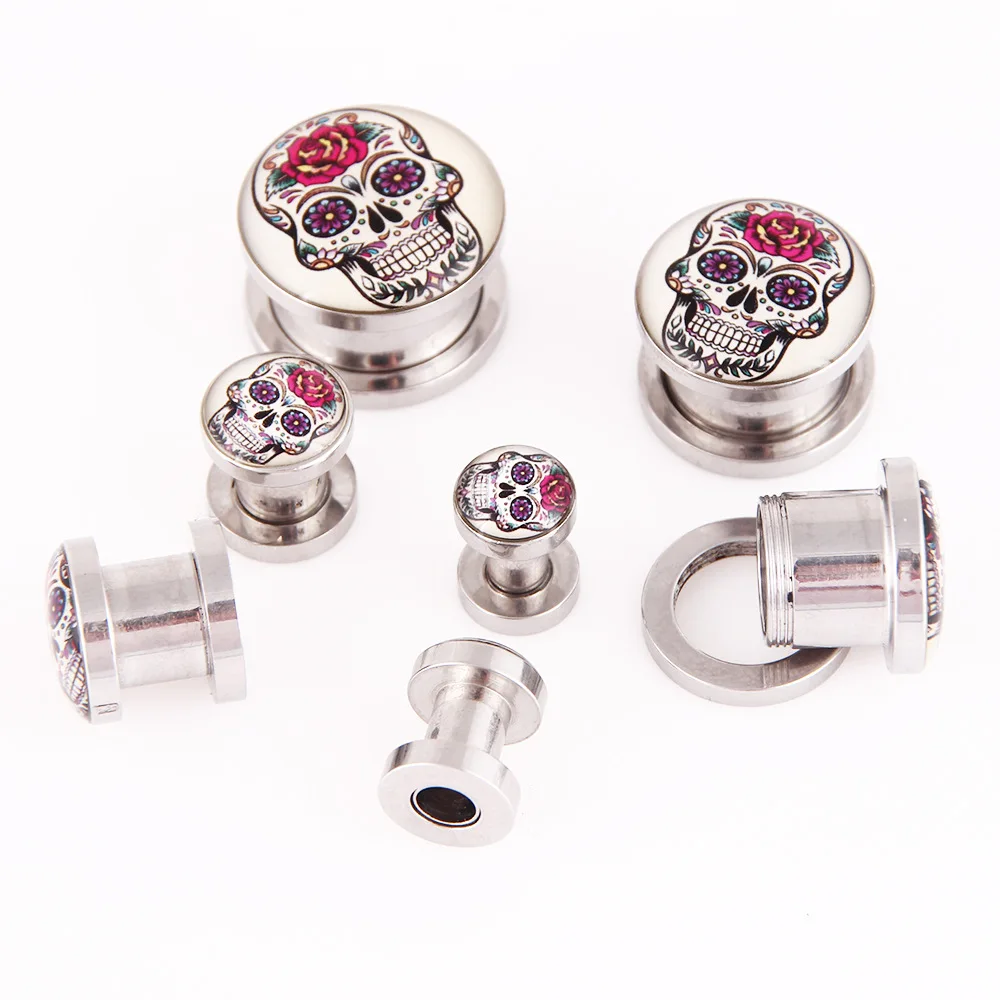 

Pair Of Stainless steel Flower Skull plugs screw fit ear plug gauges flesh tunnel ear expander 4mm-14mm