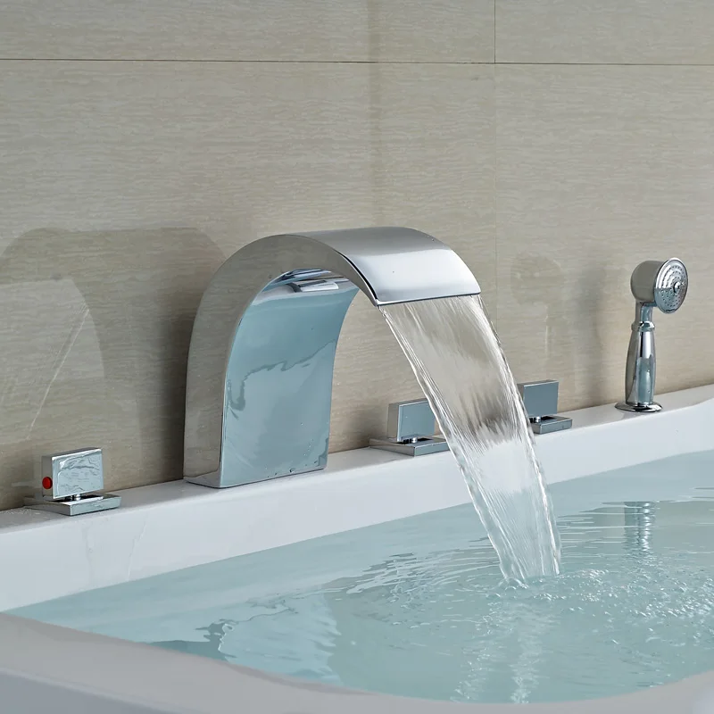 

Waterfall Widespread Bathroom Bathtub Shower Faucet Chrome Finish Deck Mounted