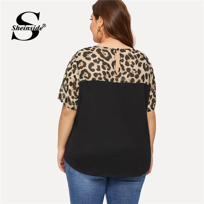 Sheinside زائد حجم تي شيرت المرأة ليوبارد نير قص وخياطة منحني تنحنح الصيف قمم 2019 أسود اللون كتلة عارضة كوع تي أنثى قميص