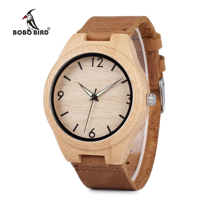 BOBO BIRD Minimalist Natural Men Bamboo Wooden Watch with Leather Strap in Gift Box