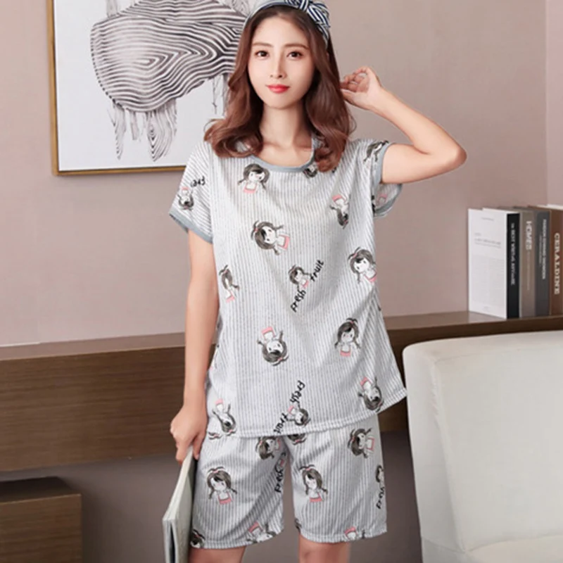 

Milk Silk Women Pajama Sets Korean Style Cartoon Print 2 Piece Set Shorts Elastic Waist Loose Home Wear pyjamas Sleepwear 2019