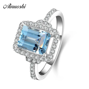 

AINUOSHI Natural Blue Topaz Ring Engagement Wedding Ring 1.5ct Gem Emerald Cut 925 Sterling Silver Halo Ring Jewelry Women Ring
