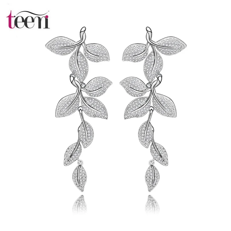 Rhodium Clear LUOTEEMI, новинка, Роскошные, белые, золотистые, корейский дизайн, кубический цирконий, длинные висячие серьги в виде листьев, массивные серьги для женщин, для свадьбы - Окраска металла: Rhodium Clear