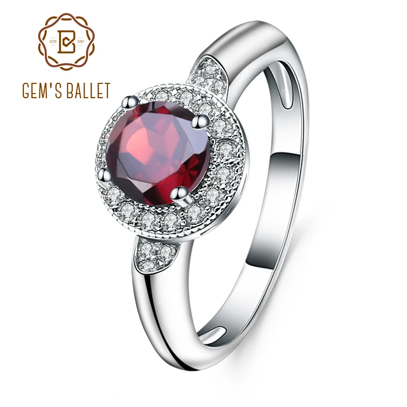GEM'S BALLET 1.05Ct круглый натуральный красный гранат драгоценный камень кольцо 925 пробы серебряные классические обручальные кольца для женщин хорошее ювелирное изделие