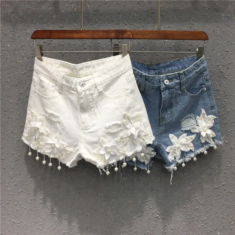 Pus Size 5XL 2018 Summer Women 3D Flower Pearl Tassels Denim Shorts Sexy Hole White Jeans Shorts Shorts