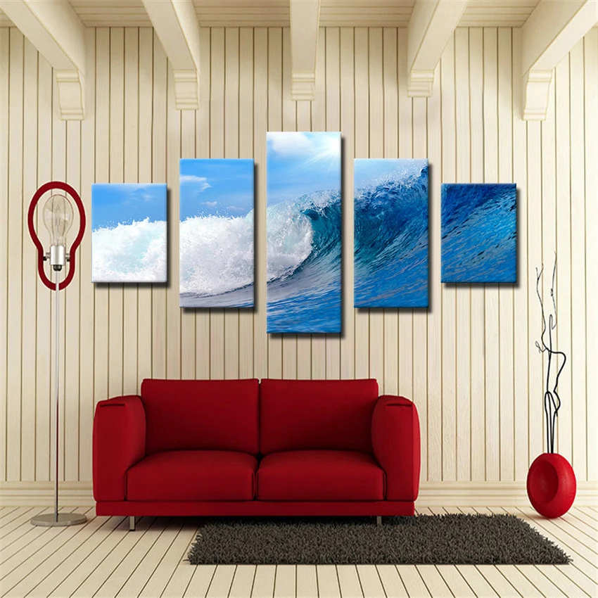 5 Pz Seaview Onde Dell'Oceano Mare Blu Cielo Dipinto Stampa Su Tela Per Soggiorno Wall Art Immagini Per Living Room Home Decor