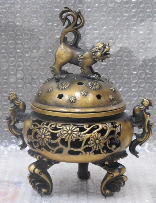 

10"Feng shui China Bronze Hollow out carve Pi yao PHOENIX Chrysanthemum censer