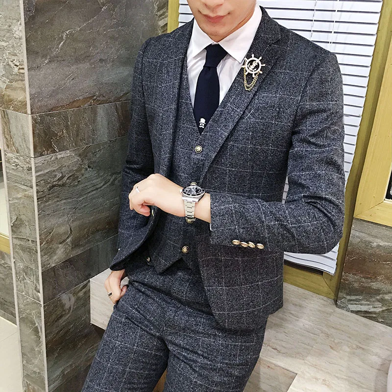 

New Arrived Lattice Suits Men Grey suit Three-piece sets Fashion Slim Fit Mens Blazer Jackets & Vests & Pants