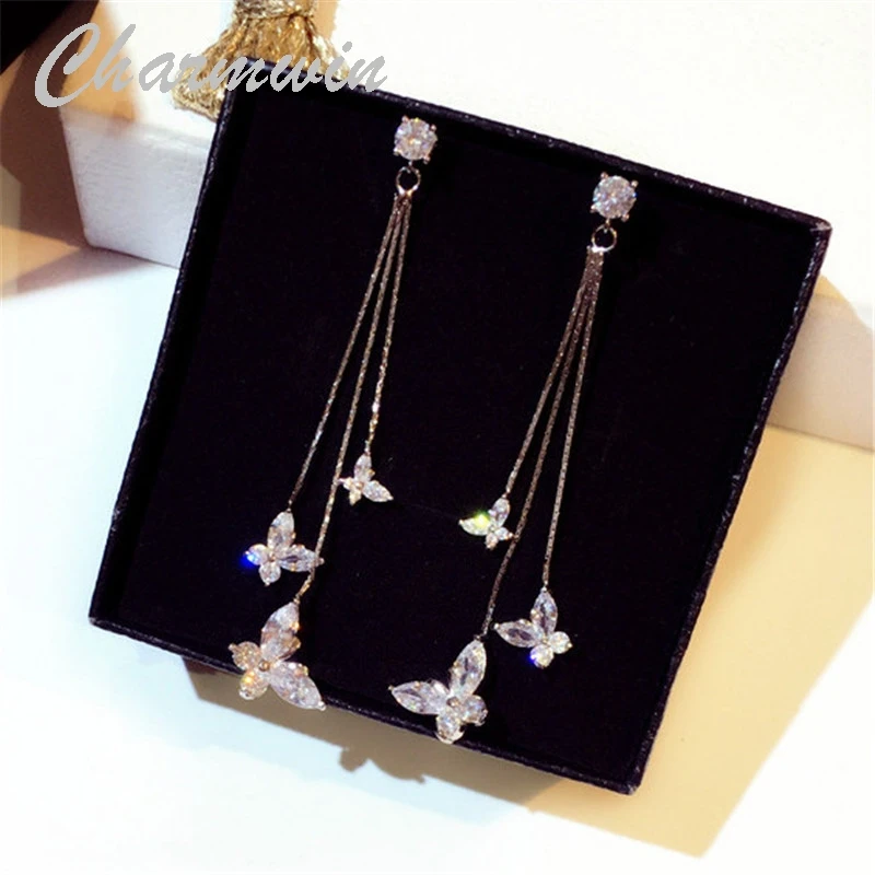 

Charnwim New Silver Needle Tassel Earrings Long Earrings For Women Rhinestone Butterfly Dangle Earrings Women PE1866