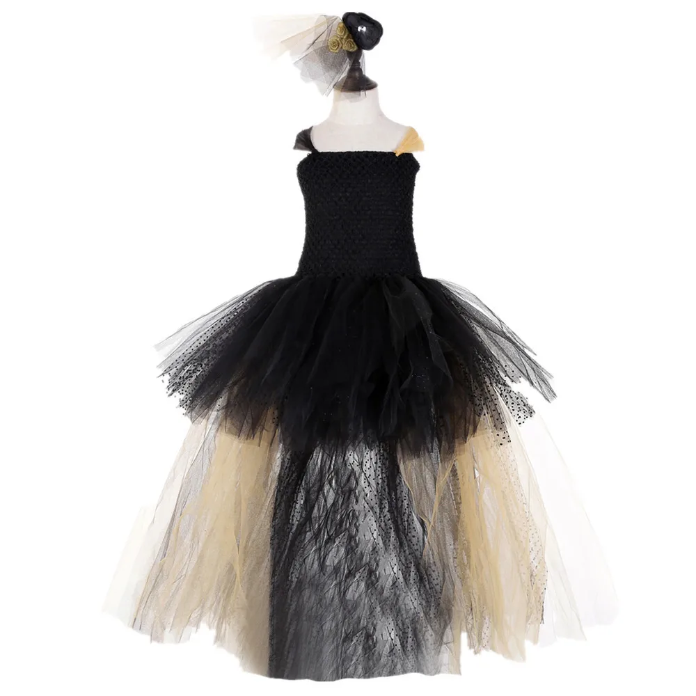 

Elegant Girls Party Dresses Age 10 Black Gold Polyester Voile Princess Girl Flower Halloween Dresses for Children Tutu Vestidos