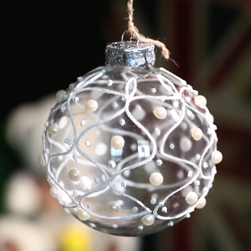 

Wedding Glass ball Party decoration/Handdrawing White mesh +Pearl/Hanging Christms Tree Pendant Holiday New Year Event 8cm
