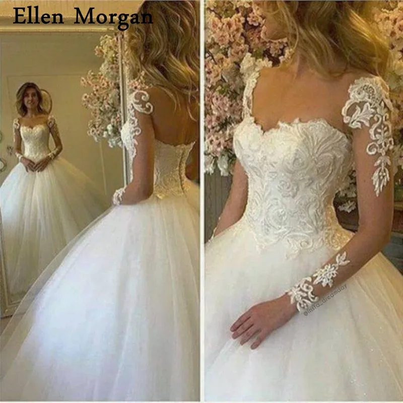 

Long Sleeves Ball Gowns Wedding Dresses 2019 Vestido De Noiva for African Black Girls Skin Lace Floor Length Ivory Bridal Gowns