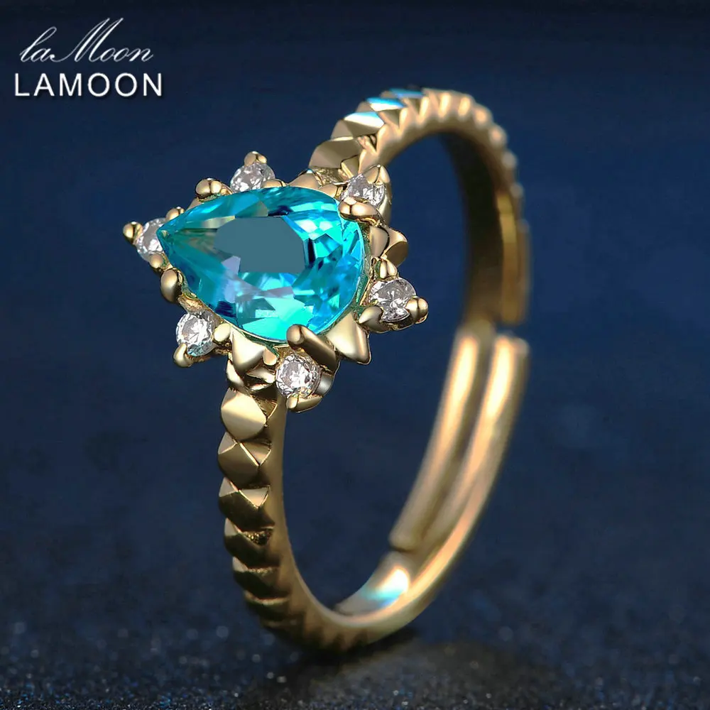 

LAMOON 925 Sterling Silver Jewelry Women Rings 5x7mm 1ct Natural Blue Trendy Teardrop Apatite Ring Romantic Wedding Bands New