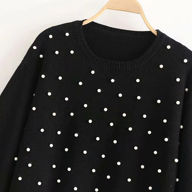 Pearl O Neck Autumn Knitted Sweater Women lantern sleeve Casual Black pullover female Soft warm Tops 2018 Winter Loose jumper Sweaters