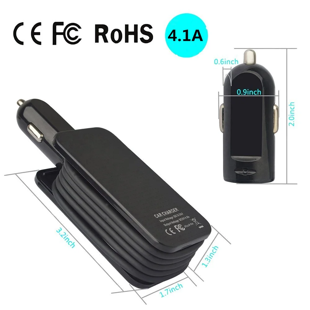 شاحن سيارة 4 منافذ 5 فولت 4.1A USB متعدد المنافذ شاحن الهاتف شاحن سفر محمول مع تمديد 1 متر كابل للهواتف أقراص GPS