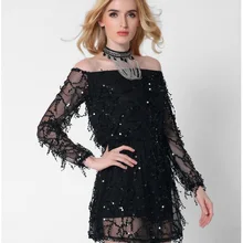Europe and the United States women's new long sleeved collar strapless dress sexy clothing sequined tassels