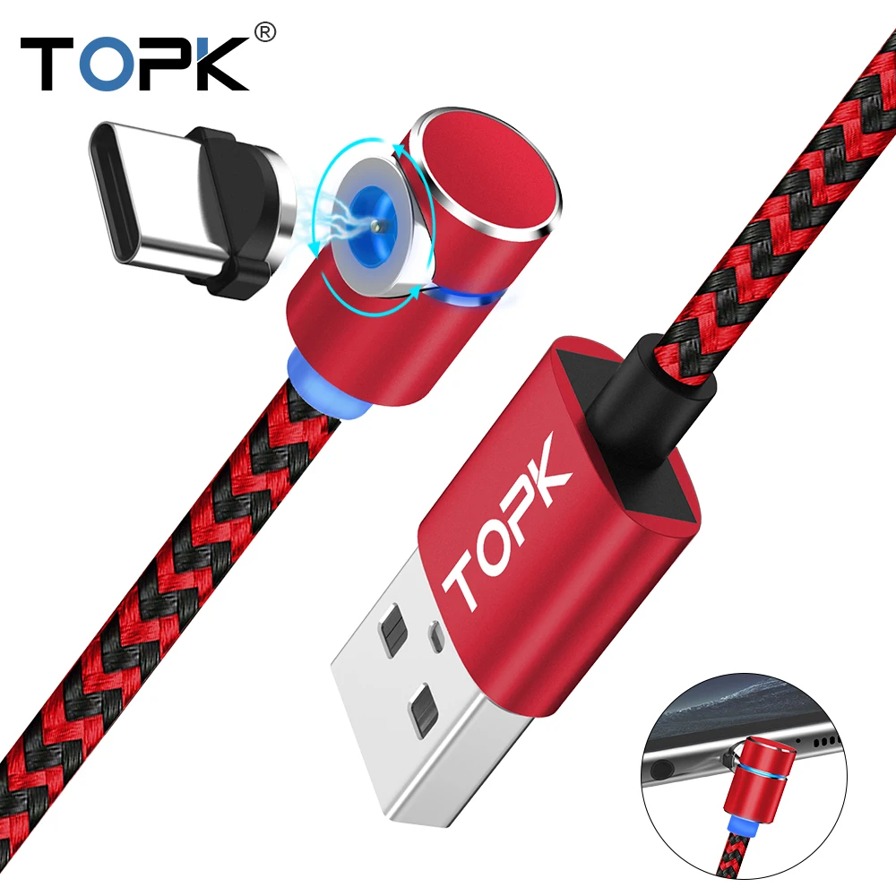 TOPK RLine R L type светодиодный кабель usb C для samsung Galaxy S9 Plus Xiaomi Redmi Note 7 huawei P20 Магнитный