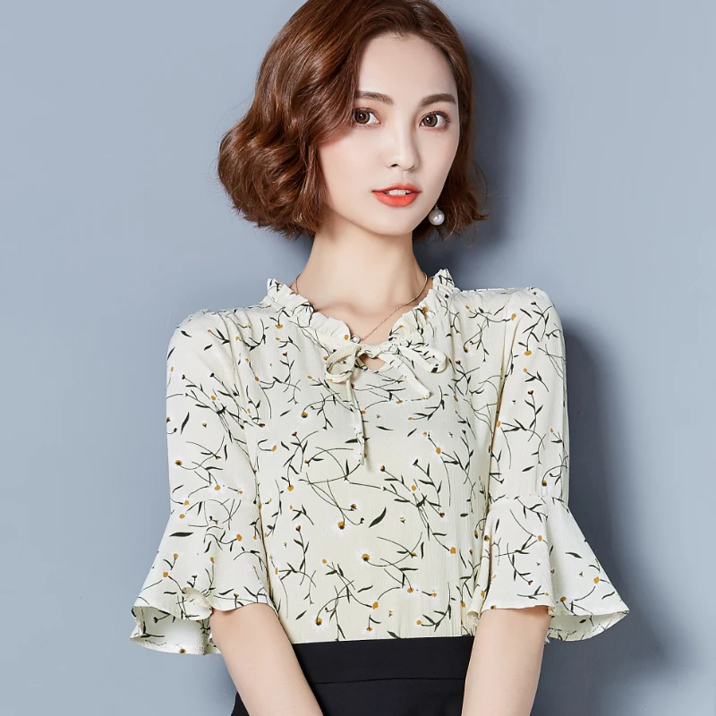 Summer Women Shirts Flare Short Sleeve Loose Print Chiffon