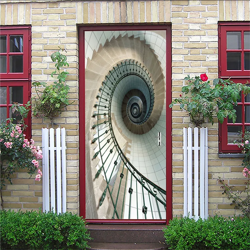 77x200cm 3D Spiral Stair Beautiful Door Stickers For Living Room PVC Adhesive Wallpaper Home Decor Waterproof Mural Decal