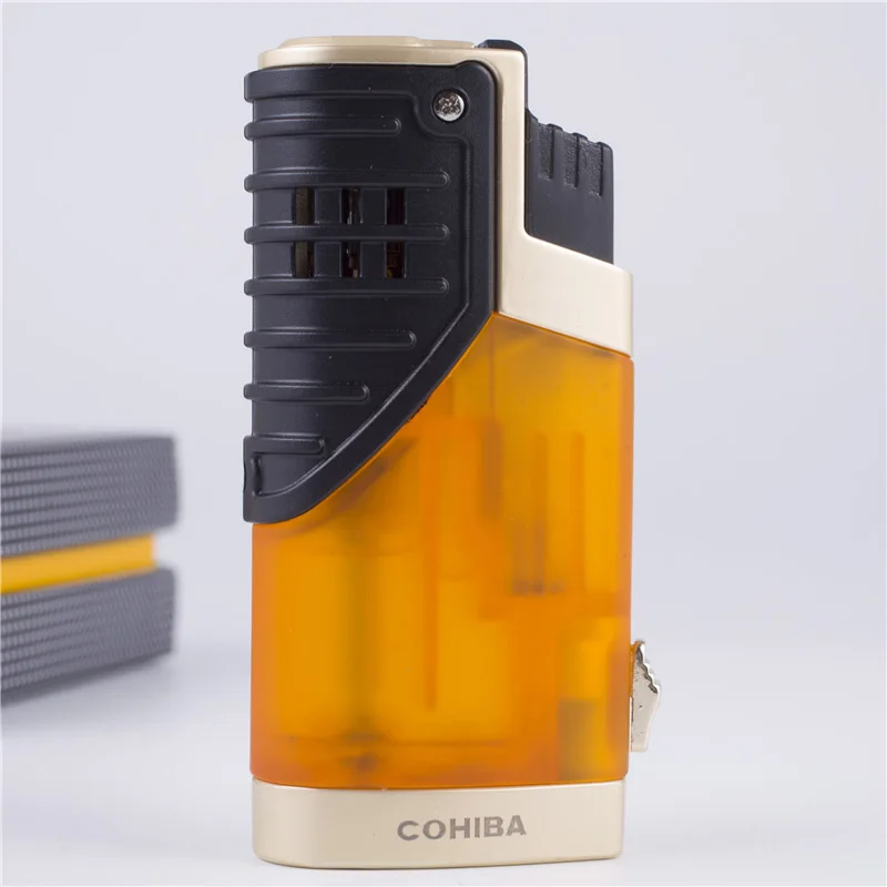 Зажигалки COHIBA, брендовые, новые, черные, для путешествий, ветрозащитные, газовые, тройные, 3 пламени, для сигарет, сигары, зажигалка, w, для сигар, удар, подарочная коробка - Цвет: orange