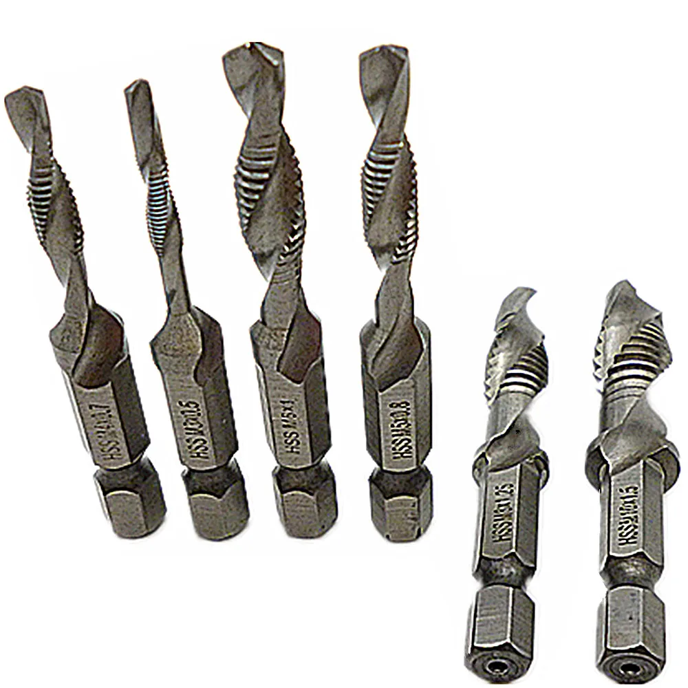 

6pc M3-M10 Spiral Machine Screw Tap Drill 1/4" Hex Shank Drill Tap Deburr Combination Bit Set Tapping Deburring Countersink Bits