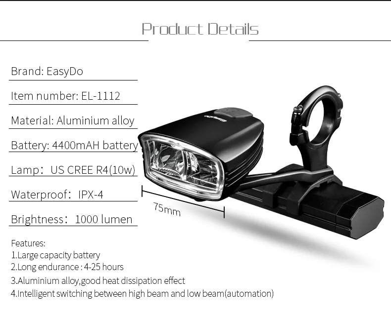 EasyDo Bicycle Bike Head Front Led Light Smart Induction USB 10W Lamp LED 4400mAh For Outdoor Cycling