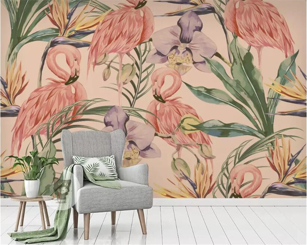 

Beibehang Custom wallpaper mural fashion tropical flowers and plants plant rainforest flamingo background wall 3d wallpaper