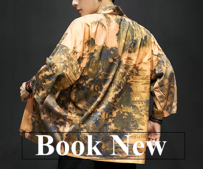 Японский стиль Harajuku кимоно кардиган винтажная верхняя одежда с принтом Блузка мужской кардиган Свободная куртка пальто свободные топы