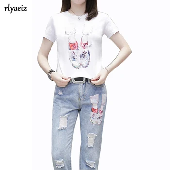 

Rlyaeiz 2019 Summer 2 Piece Set Women Sweat Suit Fashion Printed T shirts + Sequined Ankle-length Pants Female Sporting Wear