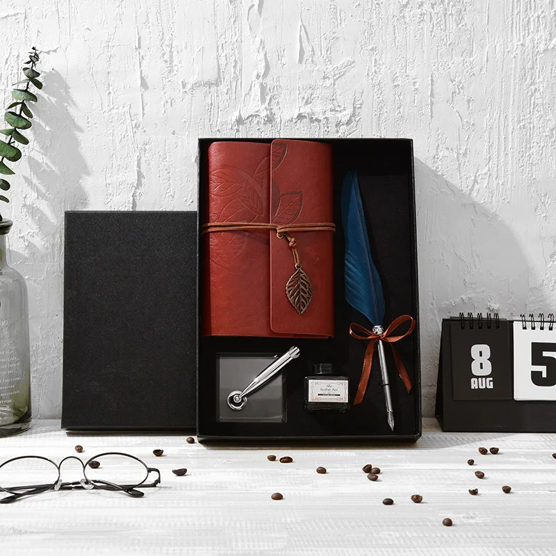 Caixa de Presente Tinta de Escrever Artigos de Papelaria New Retro Pena Caderno Caneta Conjunto Requintado Conjunto Presente 9 Cheap Canetas tinteiro