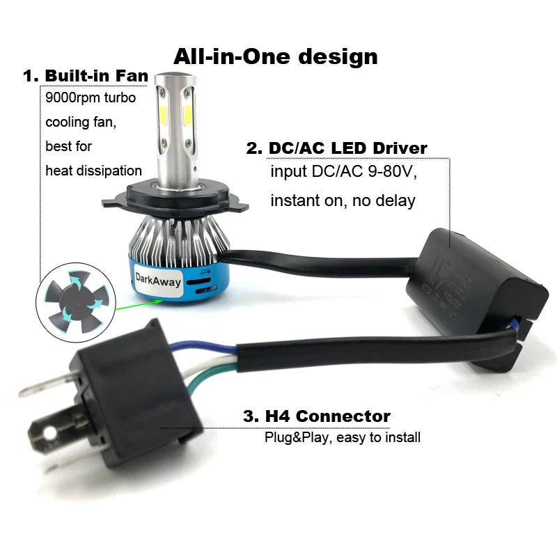 Darkaway переменного тока 12 V-80 V светодиодный H4 HS1 H6 PH7 PH8 BA20D 40 Вт 4000LM светодиодный мотоциклетный головной светильник велосипедная фара Hi короче спереди и длиннее сзади) H4 светодиодный лампы головного туман светильник