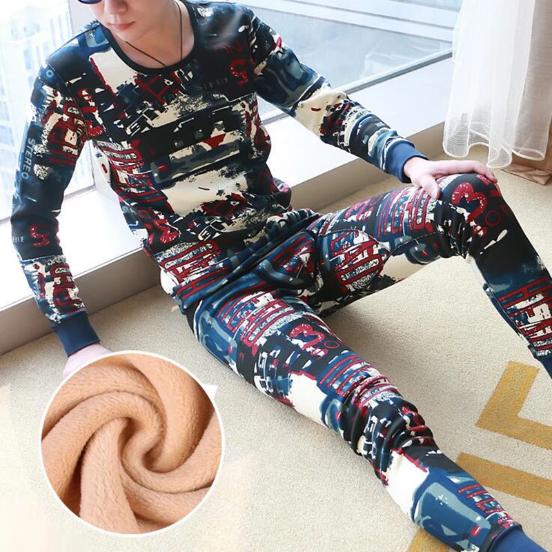 KWAN.Z men's Thermal underwear thick plus long johns cashmere printing thermo thick pajamas compression underwear top leggings