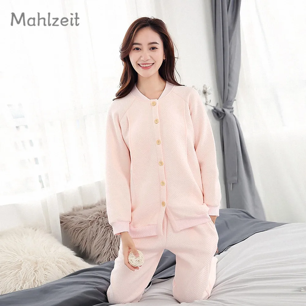 

Maternity Winter warm Nursing clothes Pregnant Women side open thick cotton Sleepwear Breastfeeding outwear 2pcs set for Mom
