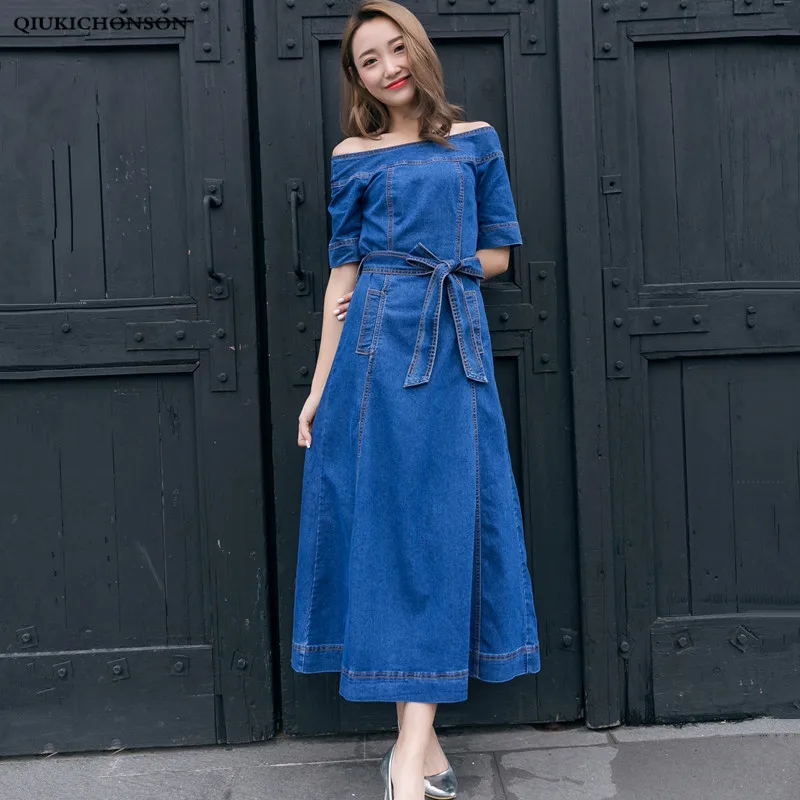 

Off Shoulder Denim Dress Women 2019 Spring Summer Elegant Half Sleeve Slim Tunic Jeans Dresses Ladies Back Slit Maxi Dress robe