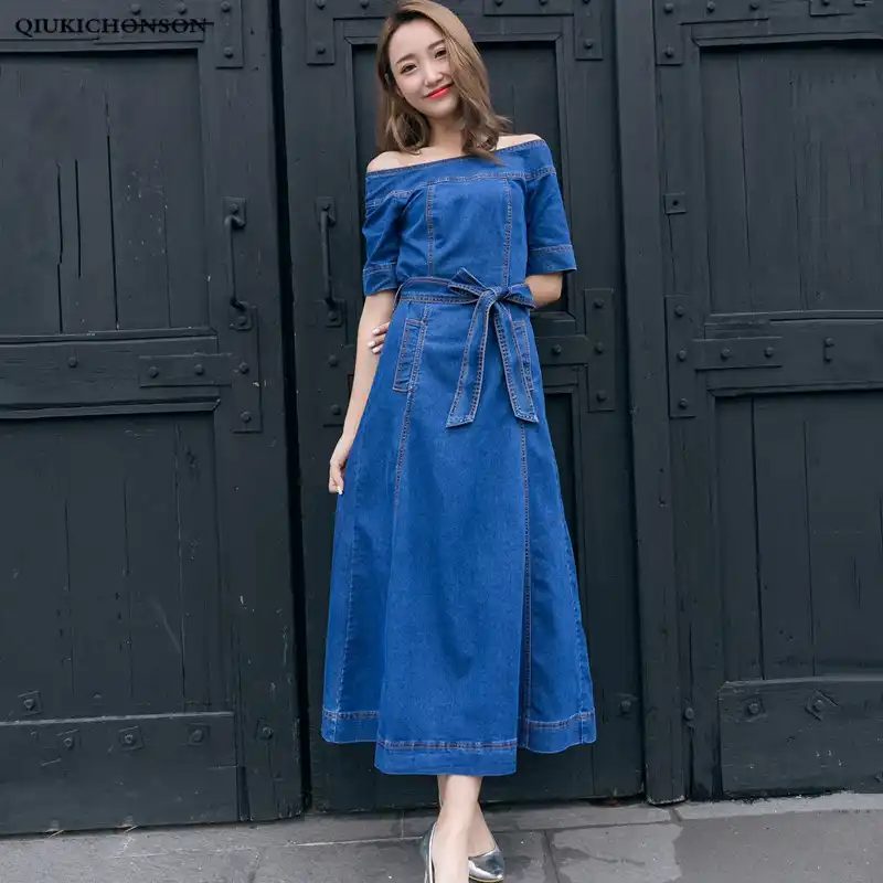 off the shoulder denim maxi dress