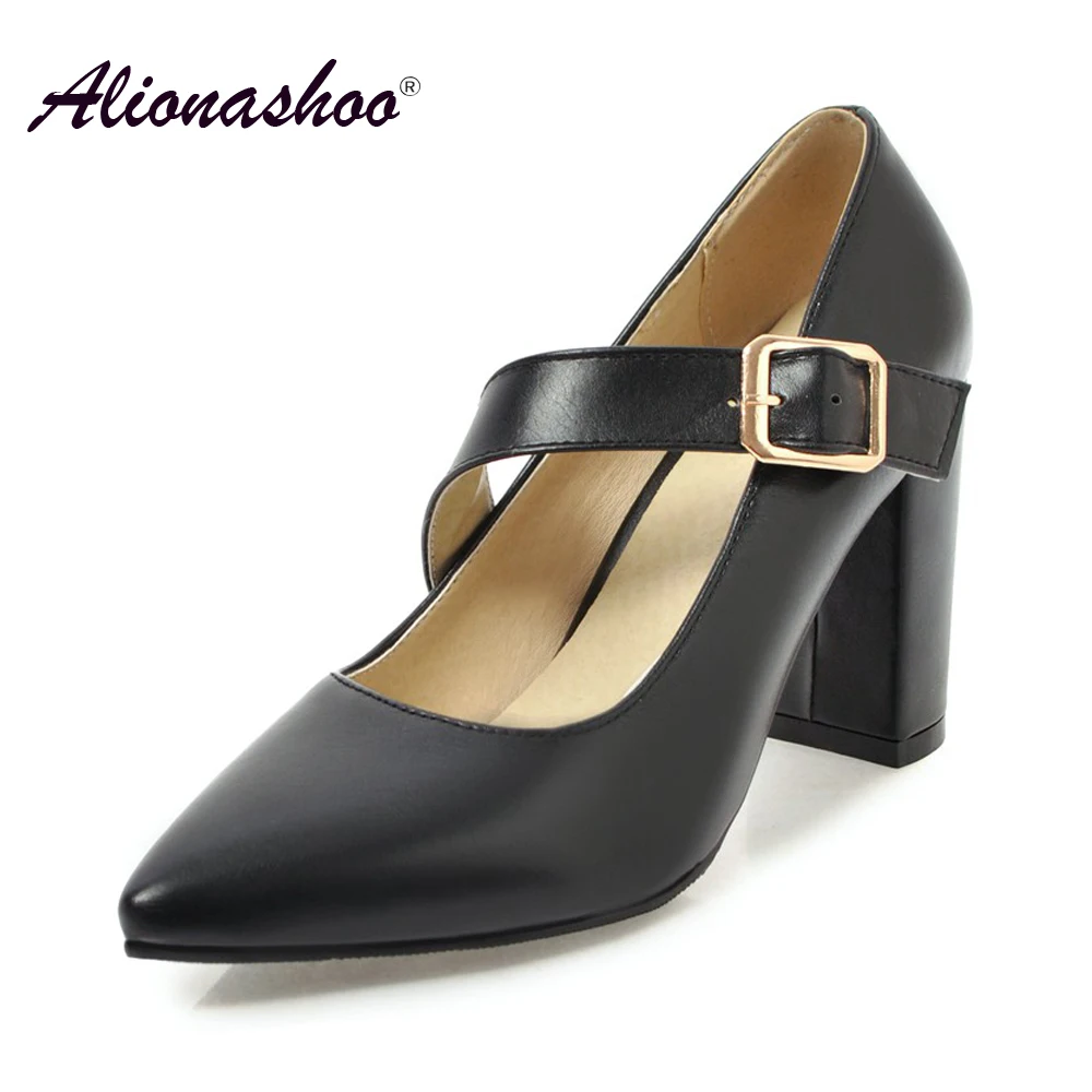 

2019 Spring Large Size 43 Super High Buckle Heels Fashion Black Dress Women Shoes Women Pumps Shallow Ladies Pointed Toe Shoes