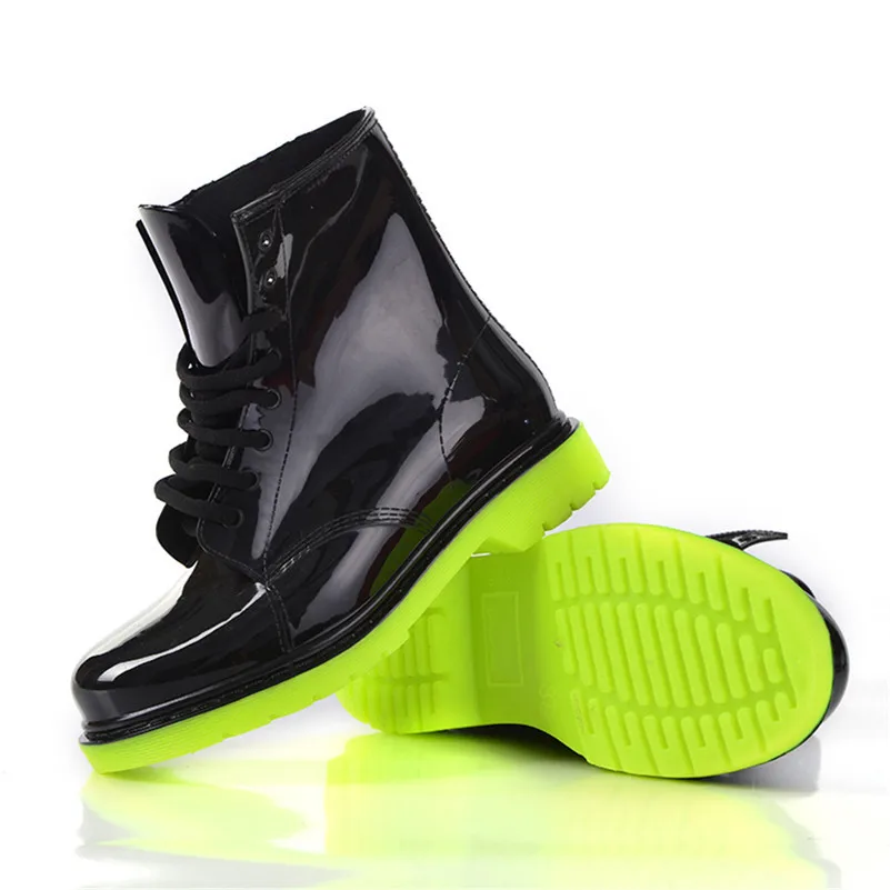 Hot Fashion Women Rain Boots Rubber Lace Up Womens Ankle Boots Waterproof Casual Comfort Ladies Martin