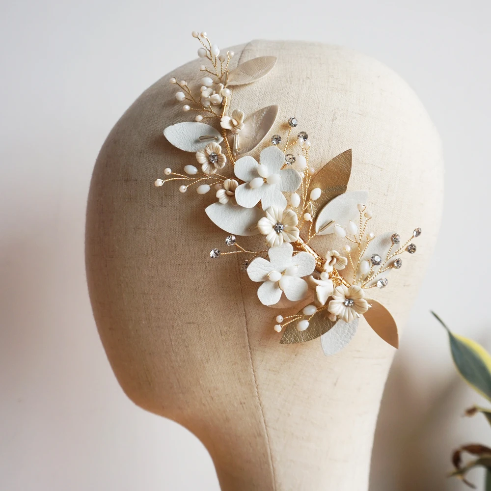 Gold Clay Flower Bridal Hair Clip Handmade Feather Barrette Wedding