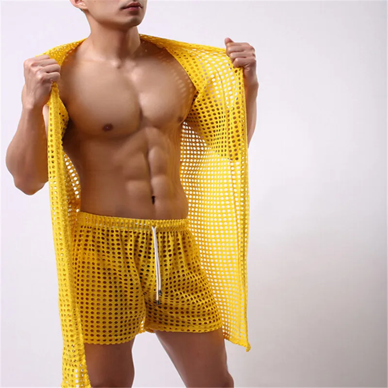 Для мужчин с капюшоном пижамы одежда для ванной, Для мужчин пикантные длинные сетчатая Пижама комплекты, Для мужчин халат, включают шорты