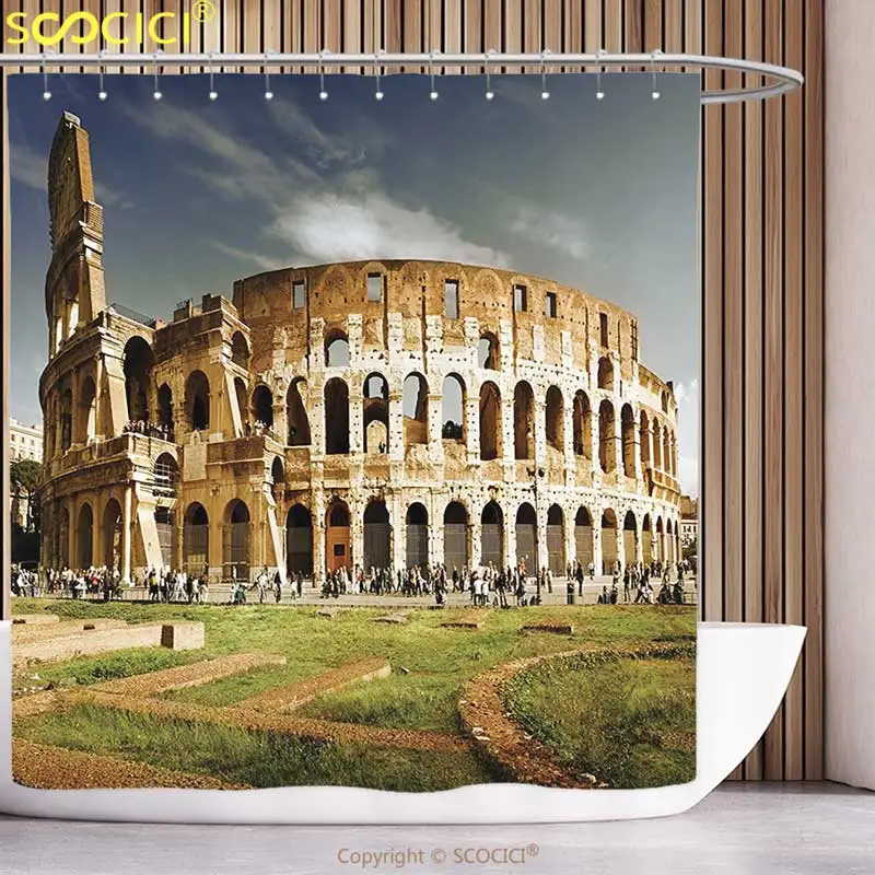 

Polyester Shower Curtain Inspirational Italy The Colosseum Decor Famous Monument and Old Picture Green Ivory and Blue Bathroom