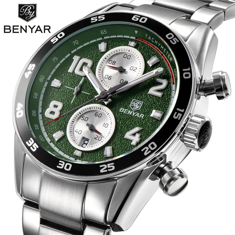

BENYAR Men Sport Watch Chronograph Stainless Steel Strap Quartz Army Military Watches Clock Men Top Brand Luxury Male Relogio