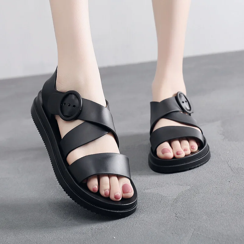 

Summer Women Sandals Platform Heel PVC Buckle Strap Soft Comfortable Flat Shoes Ladies Casual Sandals