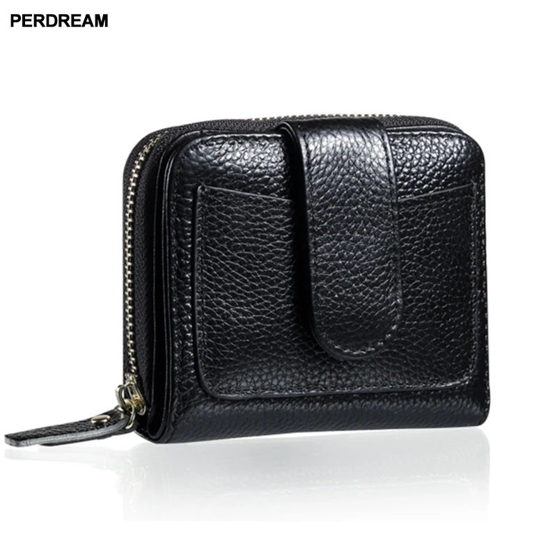 

PERDREAM Litchi Pattern Woman Wallet Cowhide Zipper Short Purse for Lady Coin Pocket Genuine Leather Card Holder