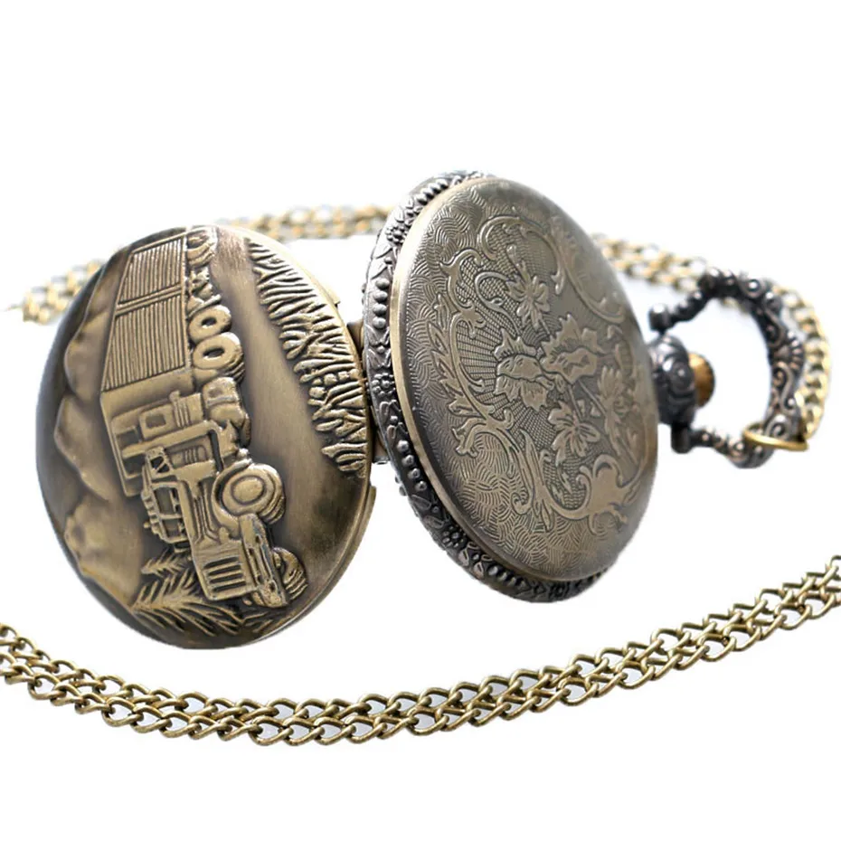 Antique Bronze Car Truck Pattern Pendant Arabic Numerals Analog Quartz Pocket Fob Watch With Chain Women Men Gift P445 (3)