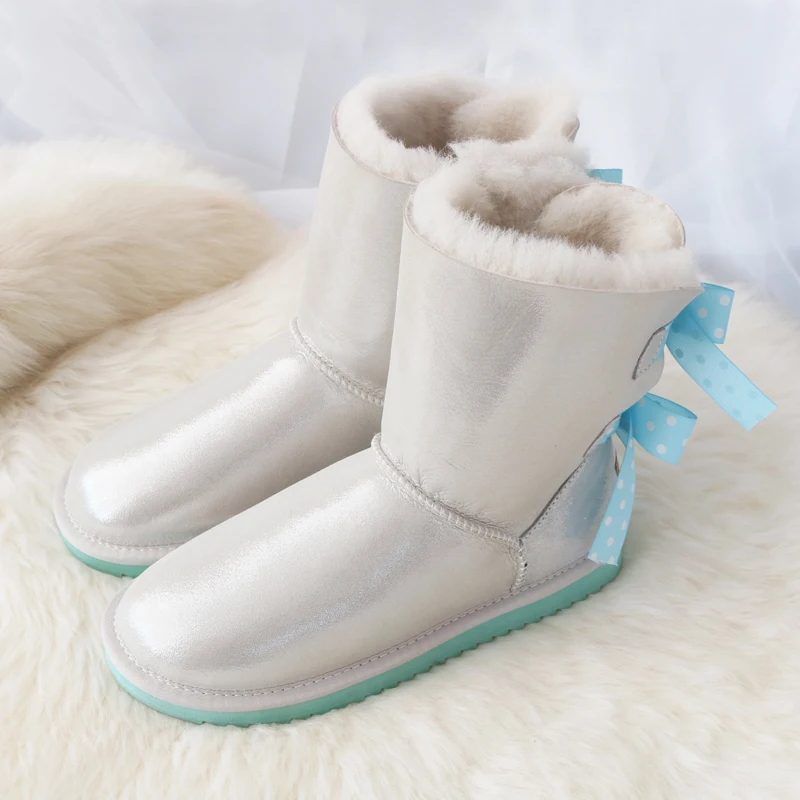 G& Zaco/Роскошные зимние ботинки из овечьей кожи; милые ботинки на меху с двойным бантом; шерстяные зимние ботинки; женские модные зимние ботинки из овечьей шерсти на плоской подошве для девочек