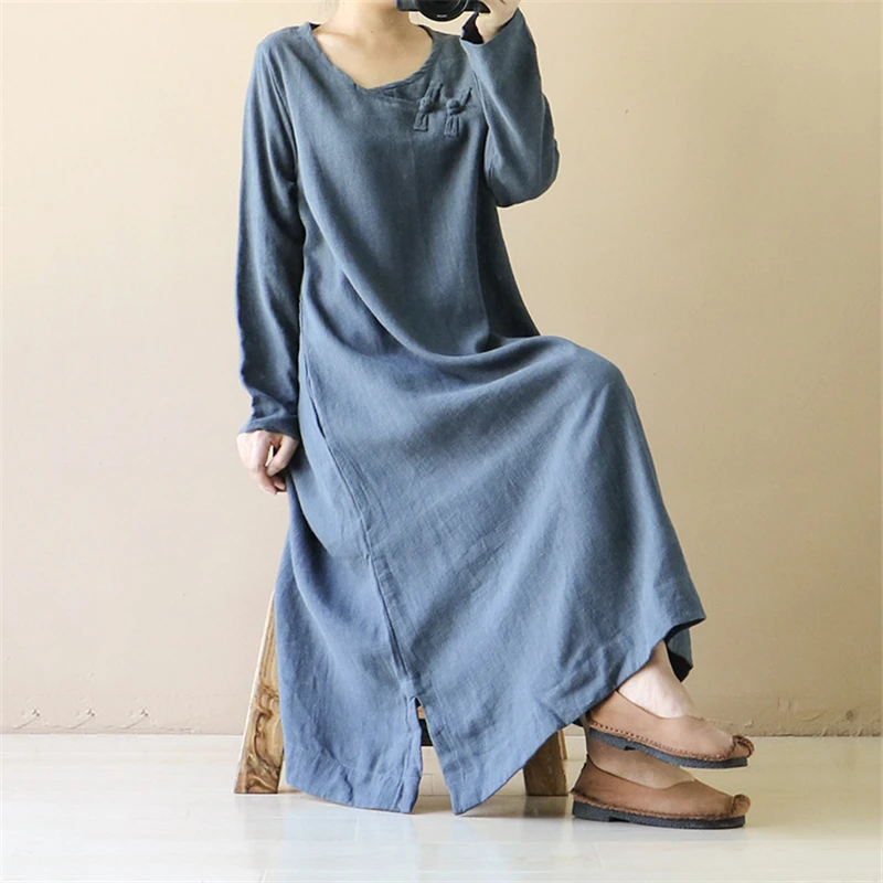 

Johnature 2019 Autumn New Casual Dress Cotton Linen Vintage Brief Casual Women Clothes O-Neck Long Sleeve A-Line Loose Dress