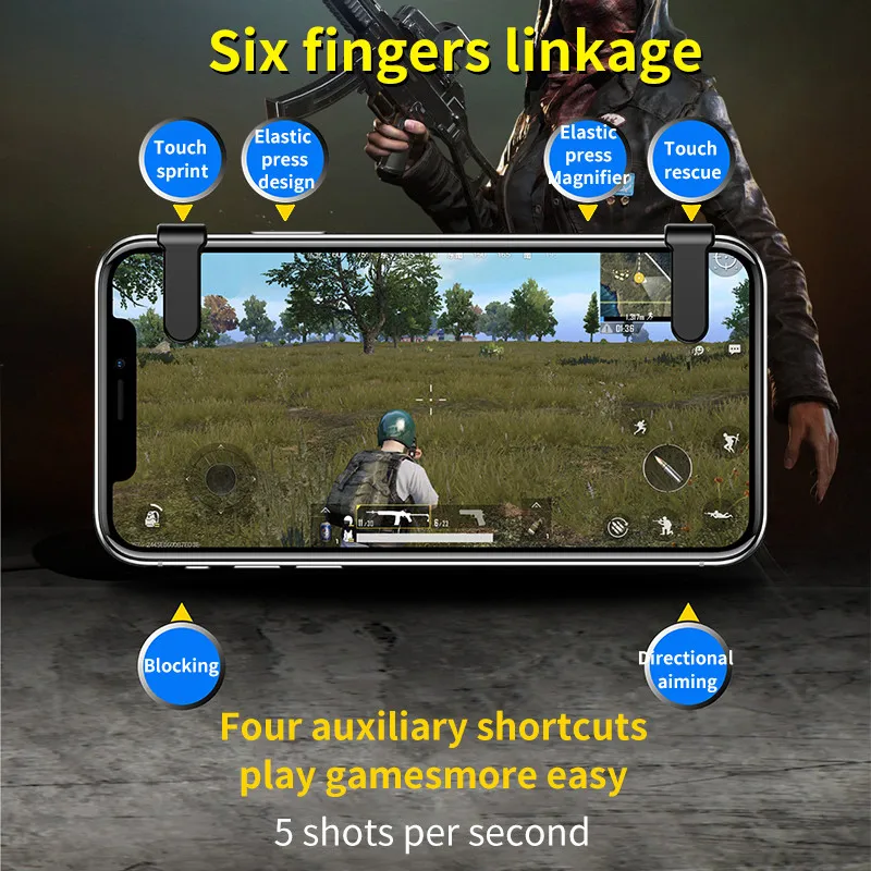 S9 PUBG Mobile Phone Game Trigger Fire Button Gamepad Controller Six Fingers Linkage Gaming Joystick Aim Key Shooter S9 PUBG Mobile Phone Game Trigger Fire Button Gamepad Controller Six Fingers Linkage Gaming Joystick Aim Key Shooter