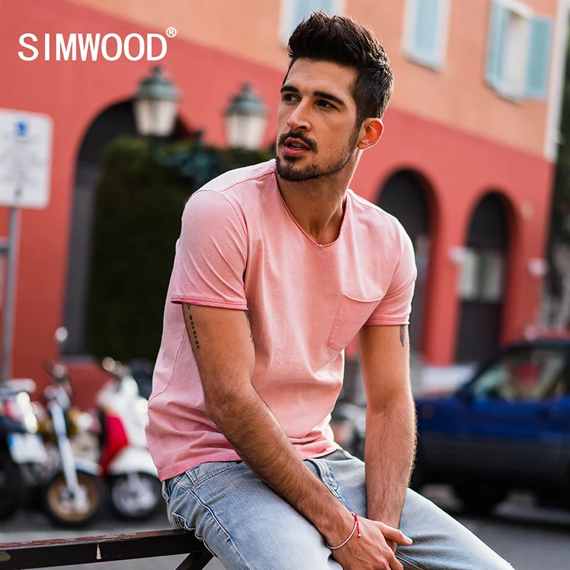 SIMWOOD 2019 летние футболки для мужчин Slim Fit 100% хлопок с v образным вырезом карман